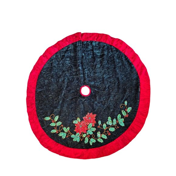 Vintage Velvet Tree Skirt Sequined Poinsettias & Holly Embroidery Ruffle Trim - Picture 1 of 10